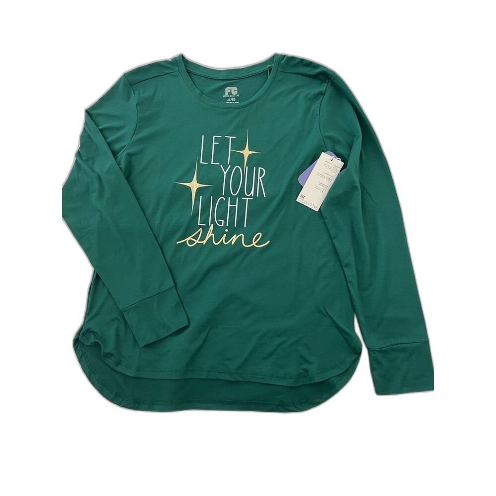 Fit Collective Women’s Blouse XL Green "Let Your Light Shine" Print Long Sleeve